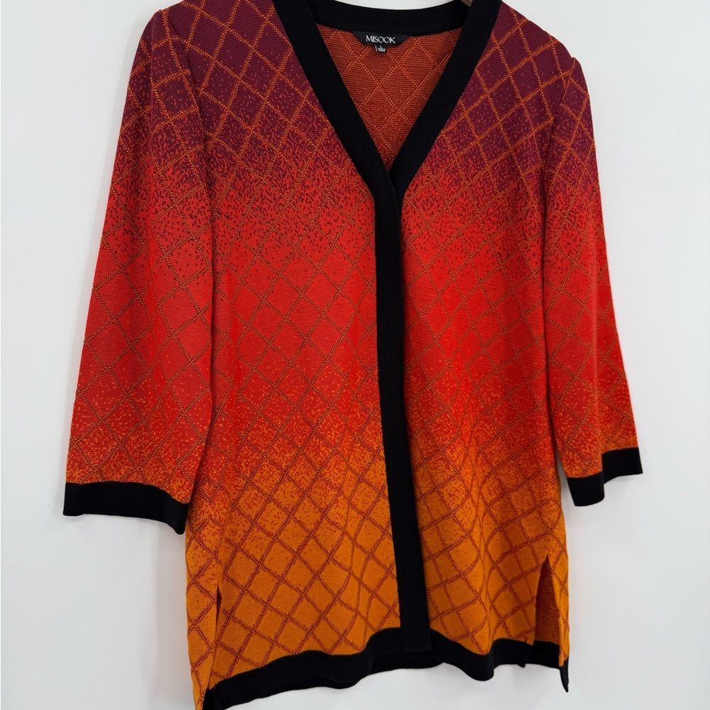 Misook Ombre Knit 3/4 Sleeve Cardigan Jacket | Orange Ombre w/Black Trim | Large - Picture 3 of 5